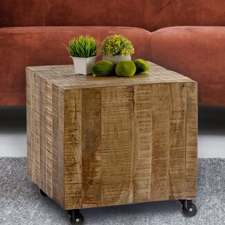 Dream-Living Mangohouten salontafel op wielen vierkant 45 x 45 x 45 cm