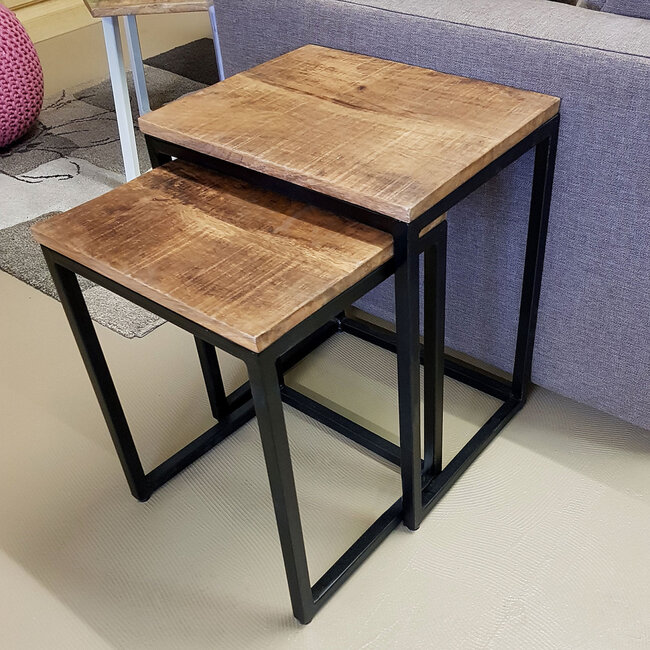 Dream-Living Banktafel-bijzettafel set van 2 stuks zwart metaal hout