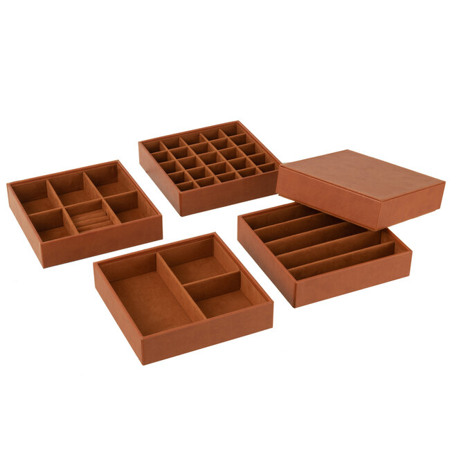 J-Line Luxe 4 delige cognac sieraden - juwelen doos imitatie leer 22x19x19cm