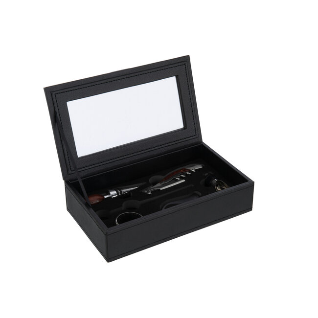 J-Line Luxe zwarte 6 delige wijnaccessoires doos imitatie leer 13x23x6cm