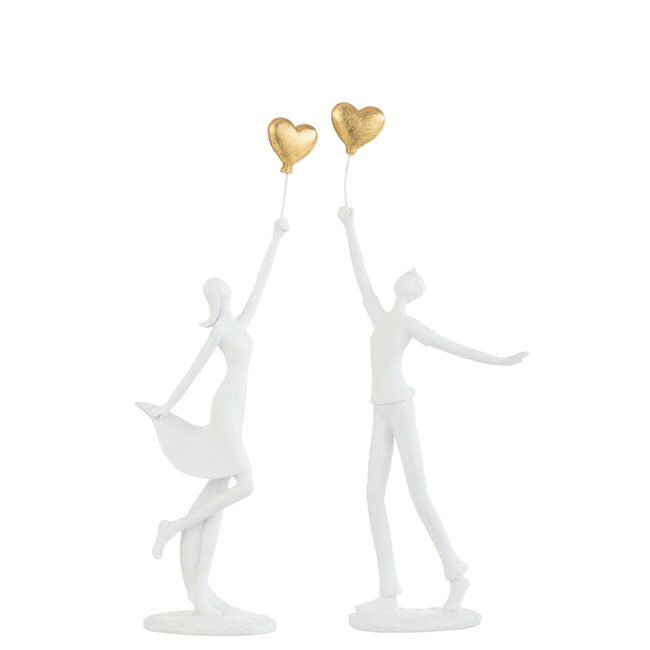 J-Line Beeld koppel met Hartballon set van 2 wit-goud 33x12.5x6cm