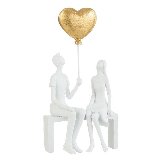 J-Line Koppel zittend met hartballon wit-goud 23.5x12x7cm