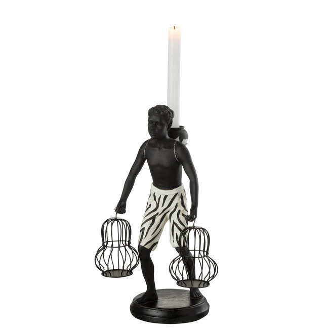 J-Line Kandelaar jongen met etnisch manden zwart-wit 31x21.5x16.5cm