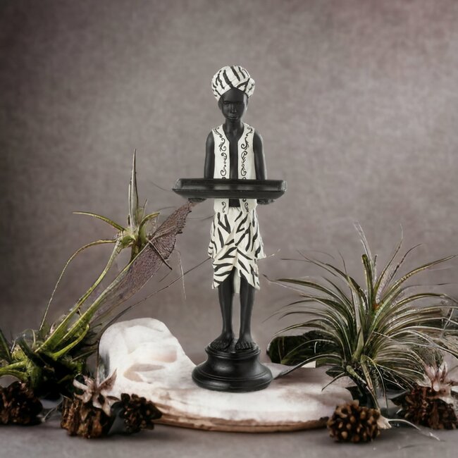 J-Line Staande jongen etnisch blad in de hand zwart-wit 47x16x16cm