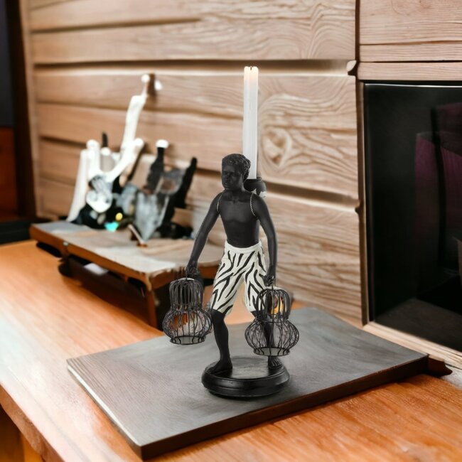 J-Line Kandelaar jongen met etnisch manden zwart-wit 31x21.5x16.5cm