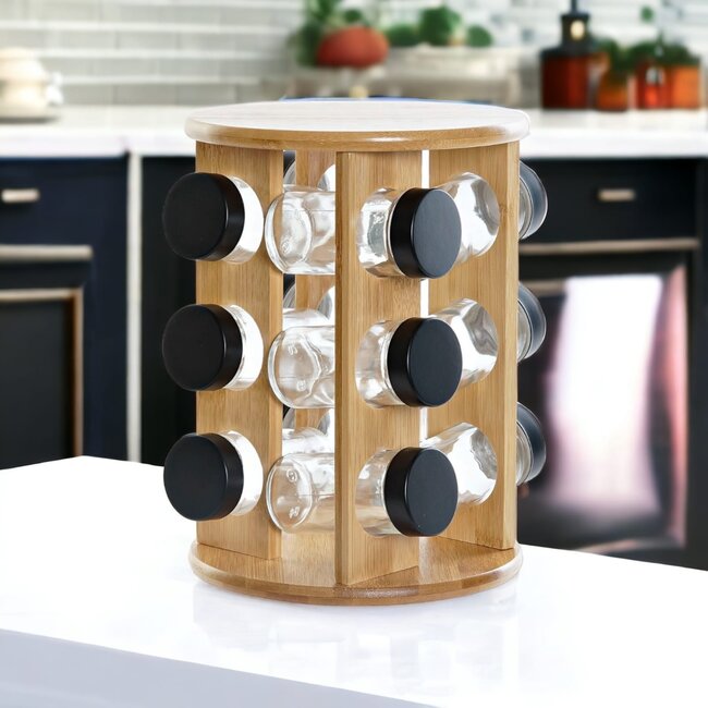 Dream-Living Bamboe kruidenrek met 12 glazen potten 18x18x25cm