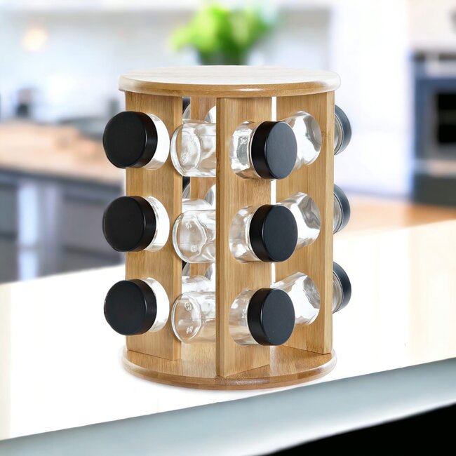 Dream-Living Bamboe kruidenrek met 12 glazen potten 18x18x25cm