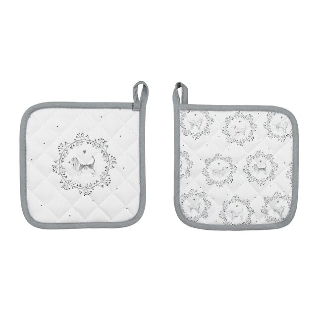 Clayre & Eef Set Keukenschort honden grijs met 2 pannenlappen