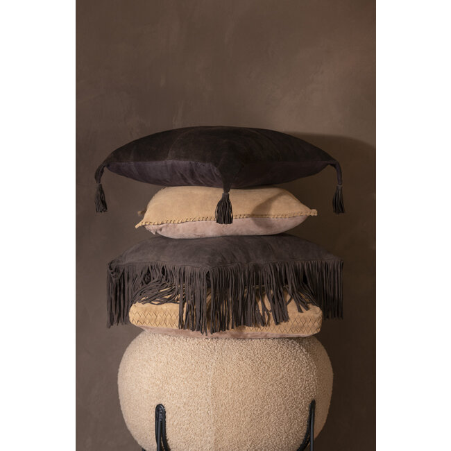 J-Line Kussen Fringe Leer Bruin