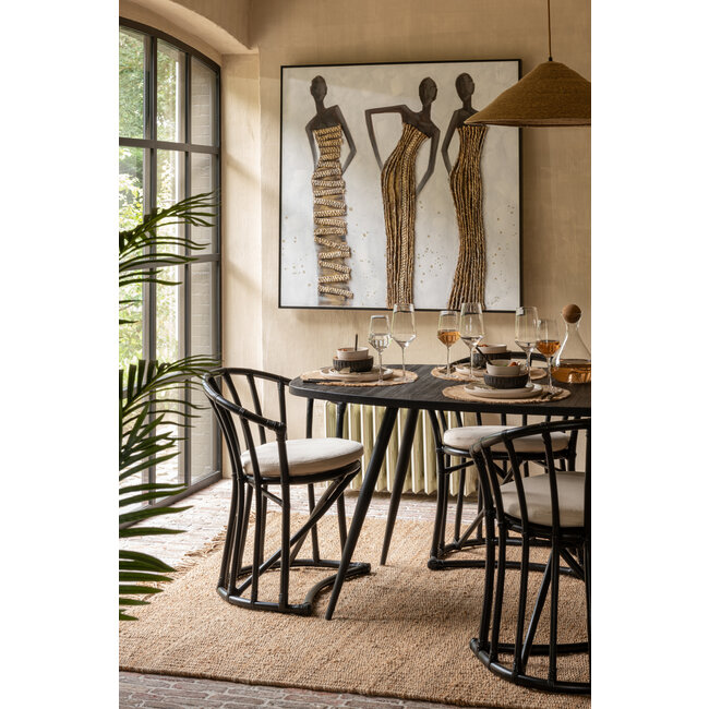 J-Line Stoel+Kussen Rotan/Textiel Zwart/Wit