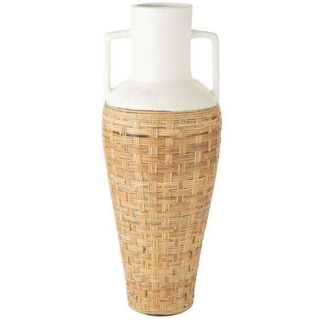 J-Line Vaas Weven+Handvatten Terracota/Rotan Wit/Natuurlijk