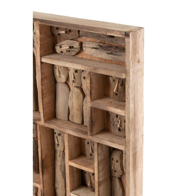 J-Line Wanddecoratie Familie Maskers Compartimenten Gerecycled Hout Naturel Groot