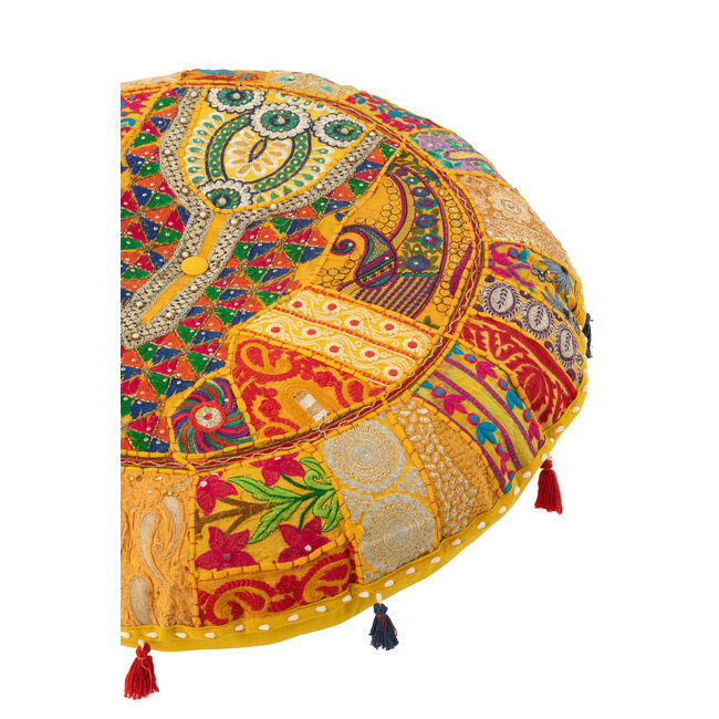 J-Line Poef Rond Plat Patronen+Tassels Katoen Geel