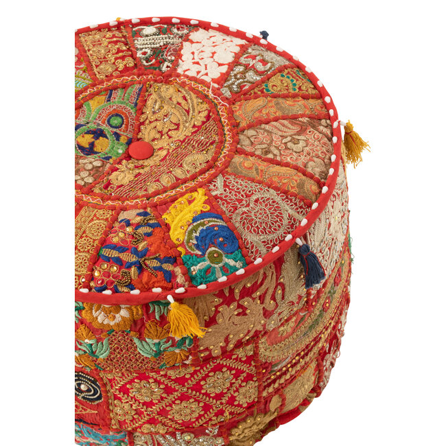 J-Line Poef Rond Patronen+Kwastjes Katoen Rood