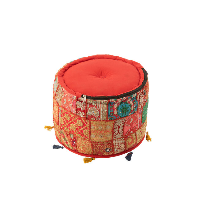J-Line Poef Rond Patronen+Kwastjes Katoen Rood