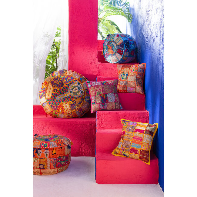 J-Line Poef Rond Patronen+Kwastjes Katoen Rood