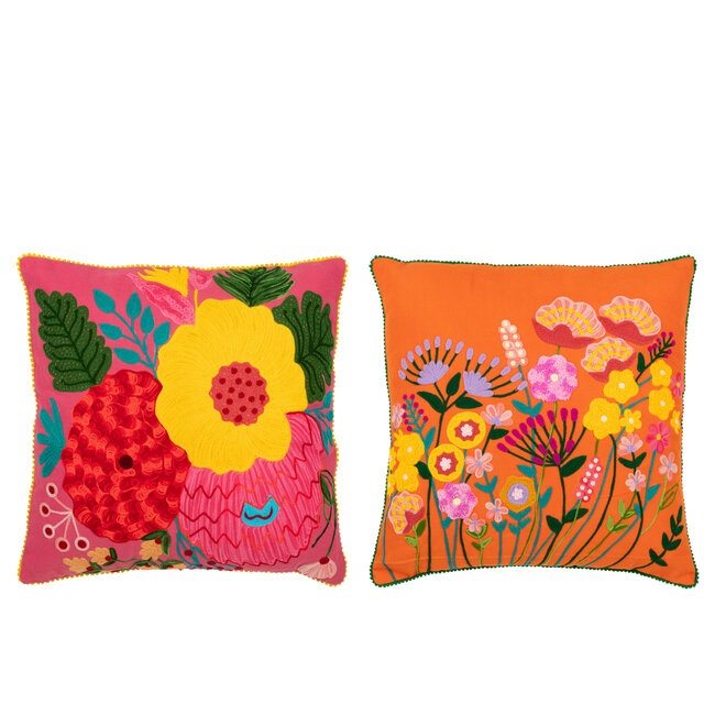 J-Line Kussen Bloemen Borduursel Katoen/Polyester Oranje/Roze Assortiment van 2