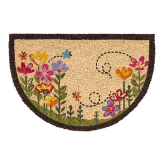 Dream-Living Kokos deurmat bloemen half rond  40x60 cm