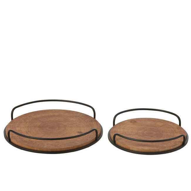 J-Line Set Van 2 Dienbladen Rond Mdf/IJzer Naturel/Zwart