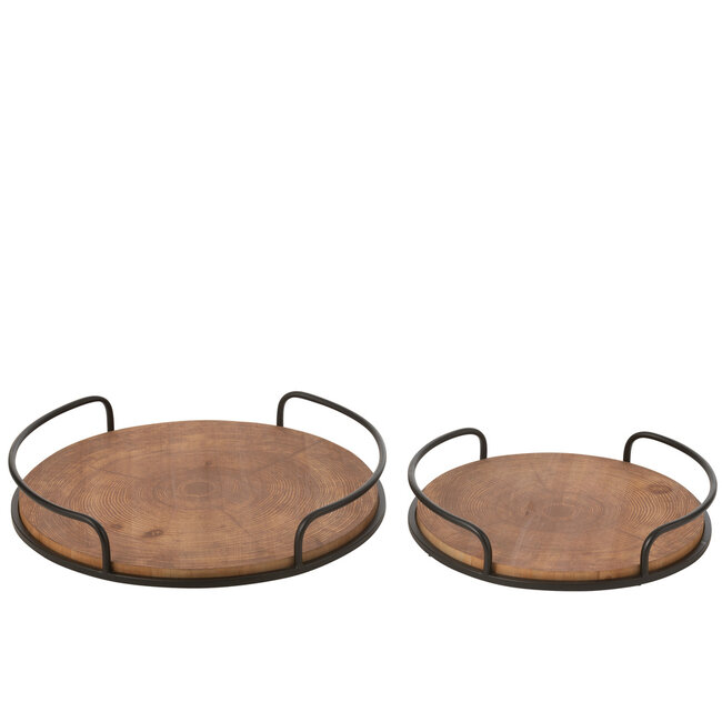 J-Line Set Van 2 Dienbladen Rond Mdf/IJzer Naturel/Zwart