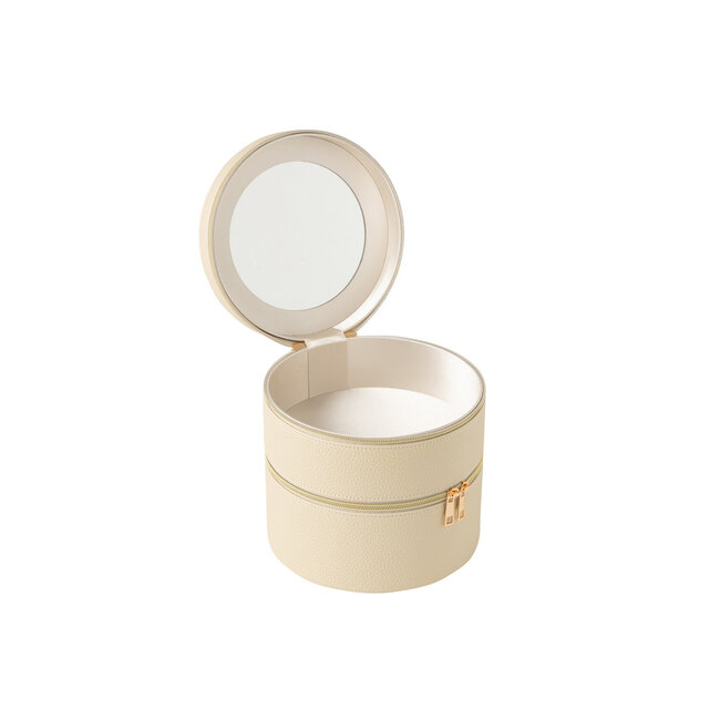 J-Line Cosmeticadoos Rond+Spiegel Kunstleer Beige