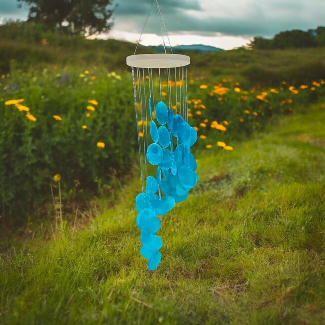 Bali-Dreams Windgong waterval blauw schelpen rond 56x14cm