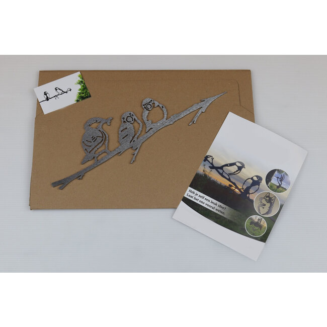 Siermetaal Tuindecoratie drie mussen op tak | 33.5  cm x 10.5 cm