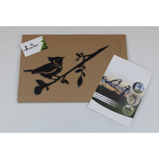 Siermetaal Tuindecoratie kuifmees op boomtak|  31.0 cm x 15.0 cm