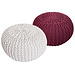 Dream-Living Poef set - 2 stuks Ø 55 cm gebreide kruk vloerkussen wit & bordeaux rood