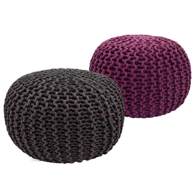 Dream-Living Poef set - 2 stuks Ø 55 cm gebreide kruk vloerkussen grijs & paars