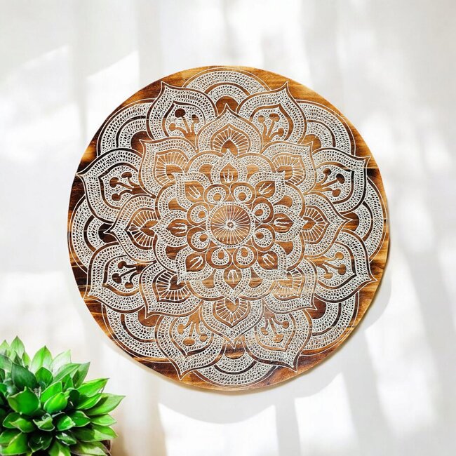 Bali-Dreams Groot hout wandbord mandala XL wit  60 cm