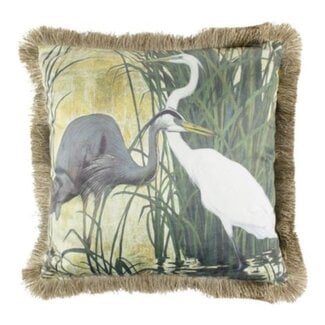 Mars & More kussen fluweel blauwe reiger gouden franjes 45x45cm*