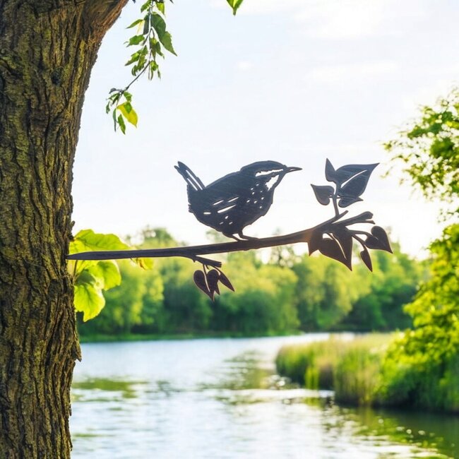 Siermetaal Tuindecoratie winterkoning op tak | 30 cm x 13 cm