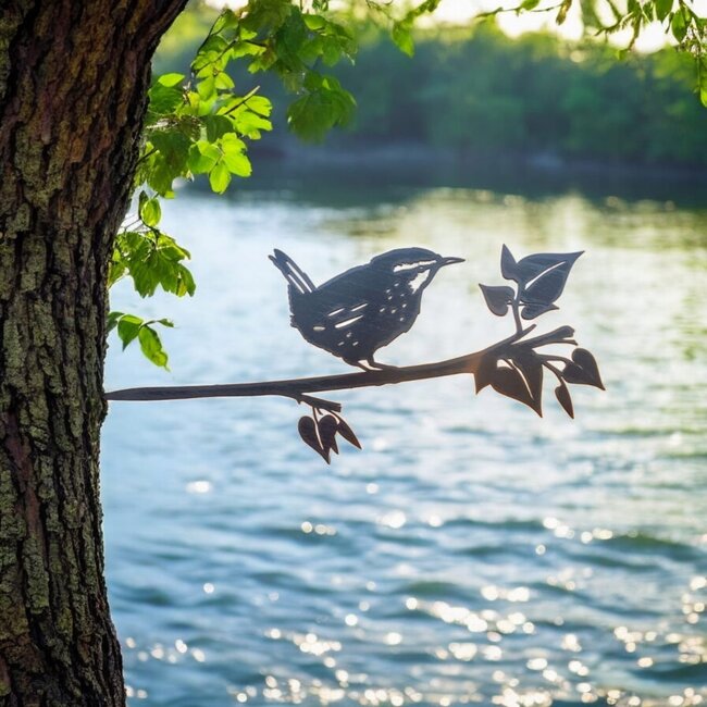 Siermetaal Tuindecoratie winterkoning op tak | 30 cm x 13 cm