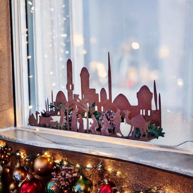 Dream-Living Handgemaakte kerststal-kandelaar- Bethlehem skyline  33x17cm