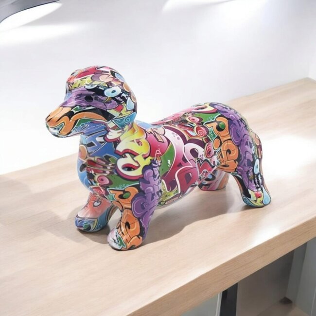 Dream-Living Kleurige Spaarpot in de Vorm van een Teckel – Graffiti Stijl  20 x 7 x 13 cm