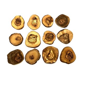 Dream-Living Set van 12 onderzetters RUSTIEK ROND ca. Ã˜ 10 tot 12 cm gemaakt van olijfhout