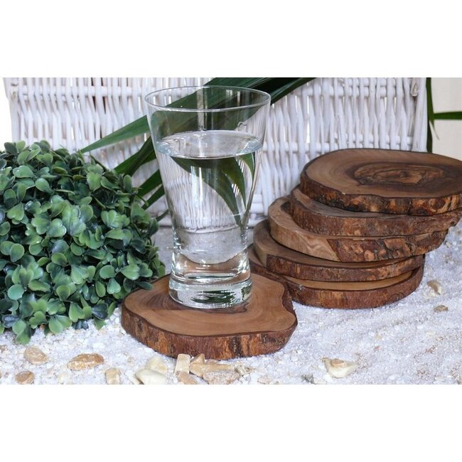 Dream-Living Set van 12 onderzetters RUSTIEK ROND ca. Ã˜ 10 tot 12 cm gemaakt van olijfhout