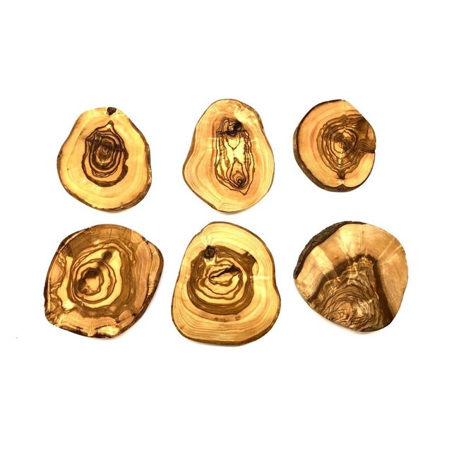 Dream-Living Set van 6 onderzetters RUSTIEK ROND ca. Ã˜ 10 tot 12 cm gemaakt van olijfhout