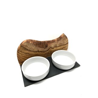 Dream-Living Voerstation MOUNTAIN 2x 0,9 liter porseleinen kom olijfhout