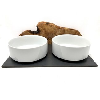 Dream-Living Voerstation MOUNTAIN 2x 1,5 liter porseleinen kom olijfhout