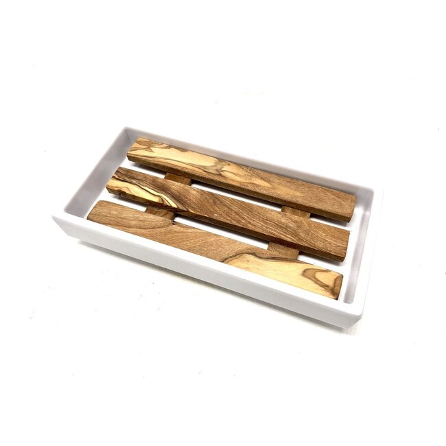 Dream-Living Zeepbakje rechthoekig groot melamine met inleg van olijfhout