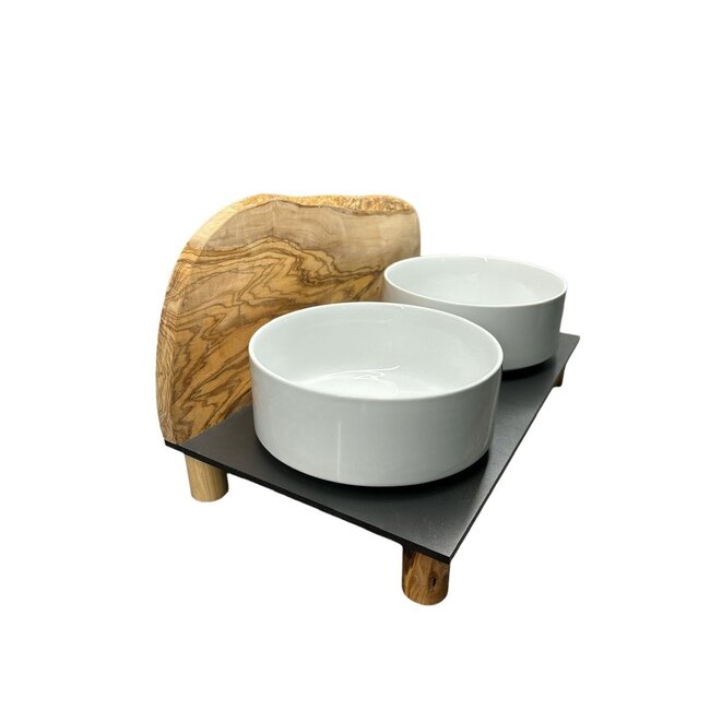 Dream-Living MOUNTAIN voerstation, 2x 1,5 liter, ronde poten, olijfhout