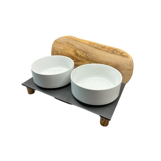 Dream-Living MOUNTAIN voerstation, 2x 1,5 liter, ronde poten, olijfhout