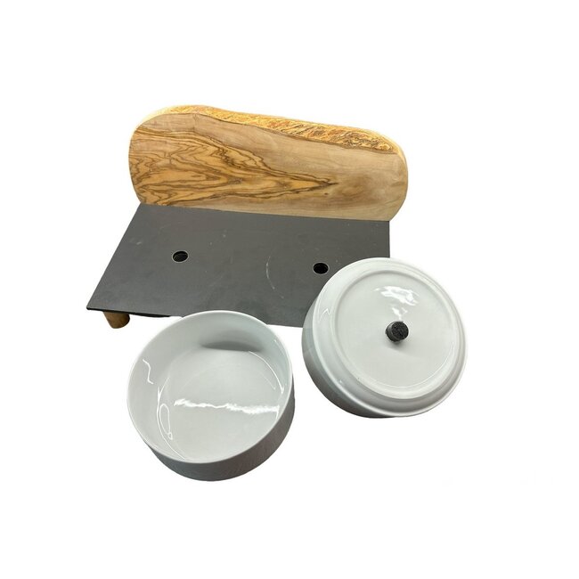 Dream-Living MOUNTAIN voerstation, 2x 1,5 liter, ronde poten, olijfhout