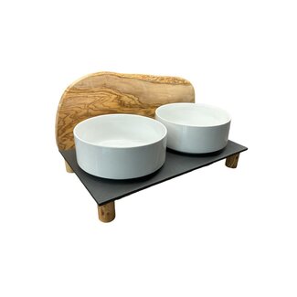 Dream-Living Voerstation MOUNTAIN, 2x 0,9 liter, ronde poten, olijfhout