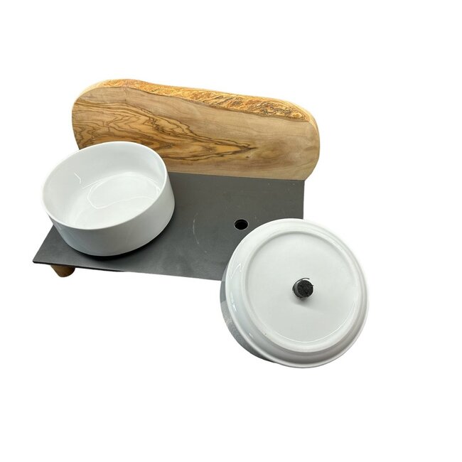 Dream-Living MOUNTAIN voerstation, 2x 1,5 liter, ronde poten, olijfhout