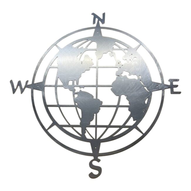 Siermetaal Wanddecoratie blank metaal van de wereldkaart 58 cm