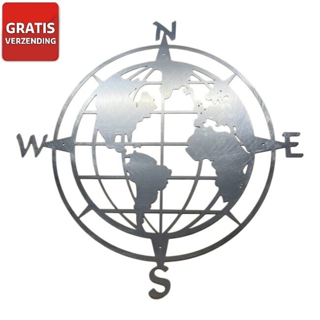 Siermetaal Wanddecoratie blank metaal van de wereldkaart 58 cm