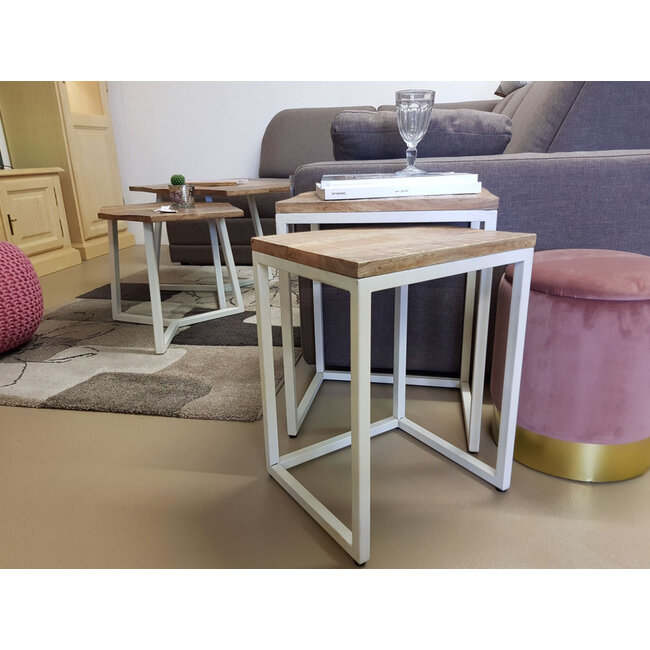 Dream-Living Banktafel-bijzettafel set van 2 stuks wit metaal hout